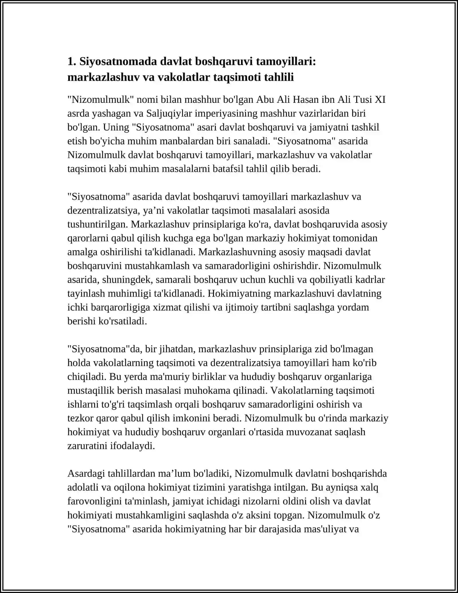 NIZOMULMULKNING “SIYOSATNOMA” ASARI BO’YICHA JAMIYAT BOSHQARUVIGA OID G’OYALARNI TAHLIL ETISH VA ESSE TAYYORLASH 4