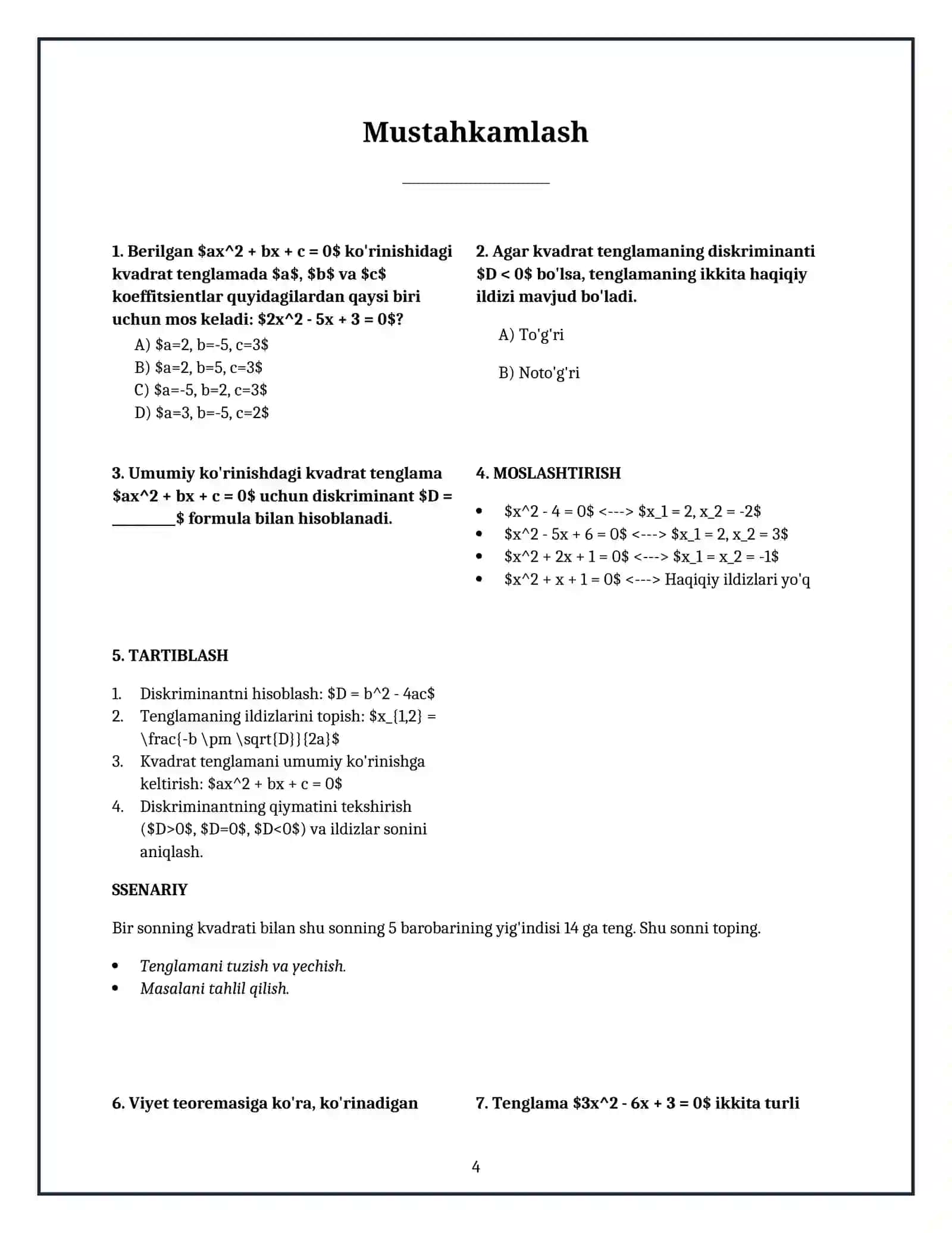 Lesson on Algebra:kvadrat tenglamalar va ularning yechimlari, 8-sinf 4