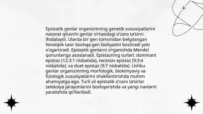 Allel boʻlmagan genlar oʻzaro tasirida belgilarning irsiylanishi. Ularning asosiy tavsifi 4