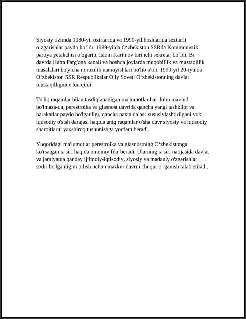 MUSTAQILLIKKA ERISHISH ARAFASIDA OʻZBEKISTONDAGI IJTIMOIY - SIYOSIY JARAYONLAR 4