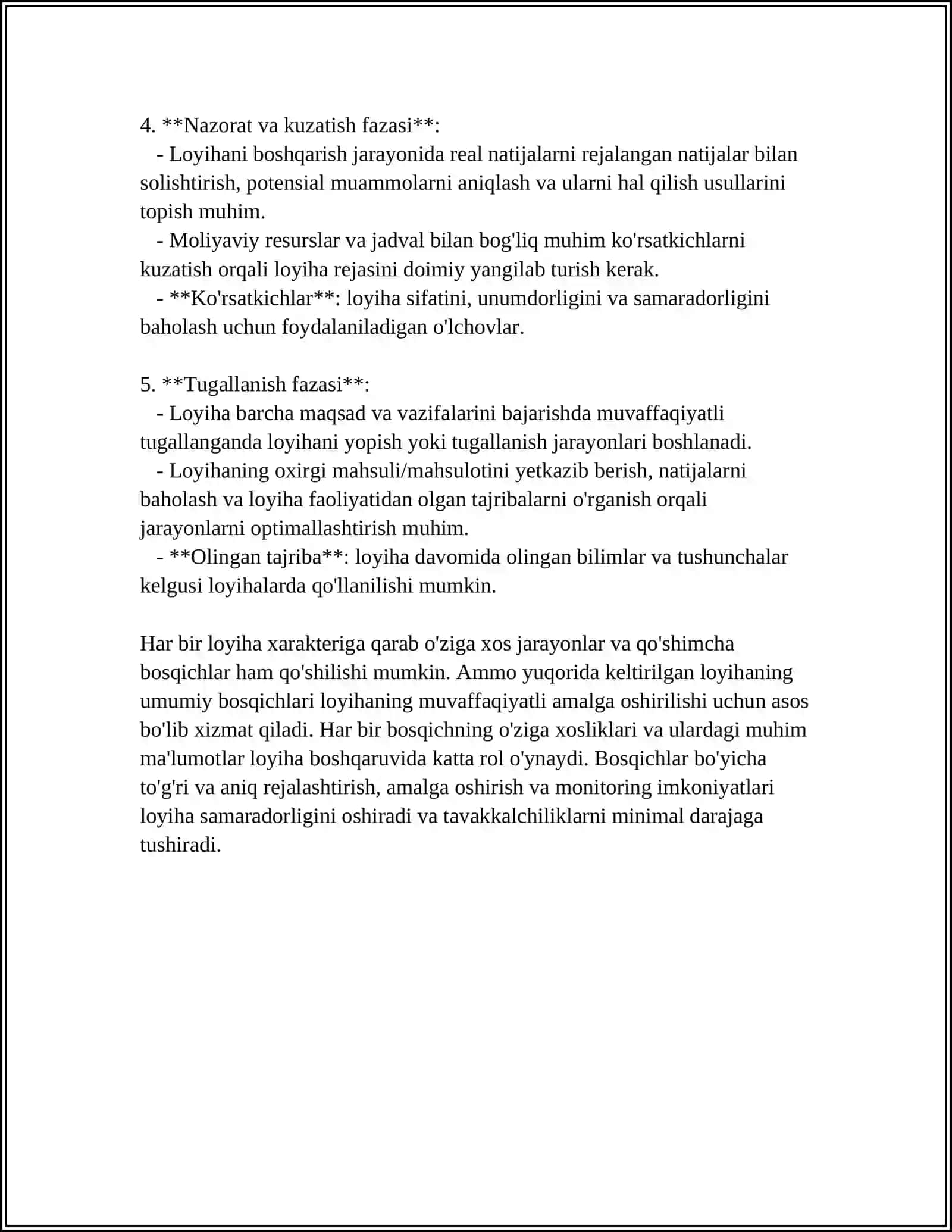 LOYIHALASH BOSQICHLARI. LOYIHA TOPSHIRIGʻI. LOYIHA VA ISHCHI HUJJATLAR NAMUNALARI BILAN TANISHISH 4