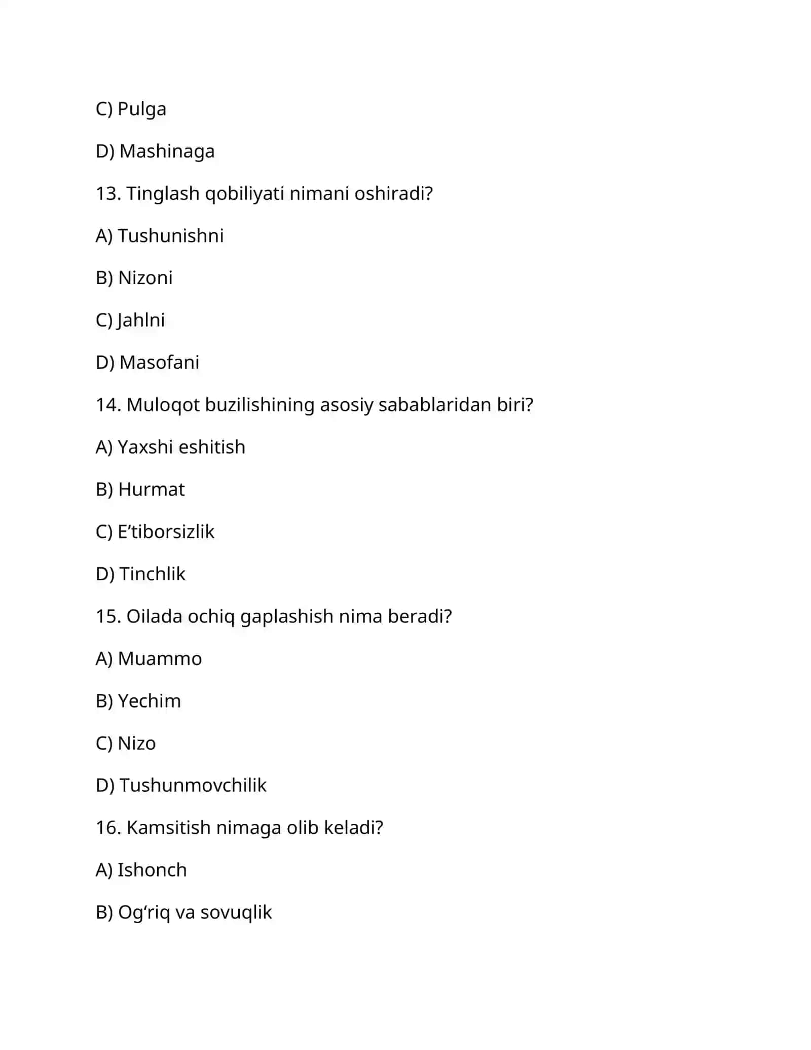 “Oilada muloqotning buzilish sabablari” mavzusi bo‘yicha 20 ta test 4