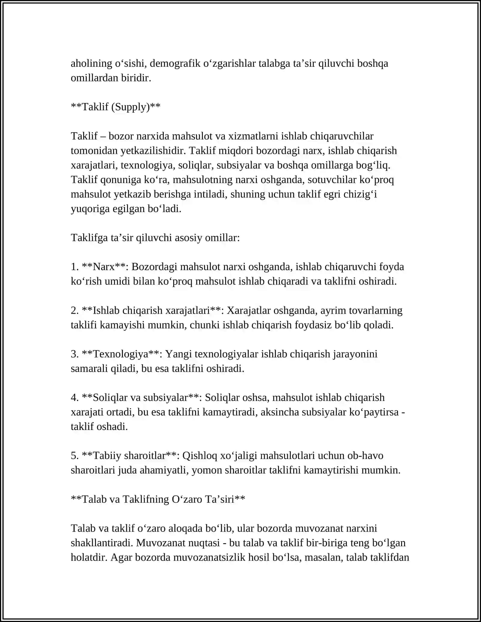 Talab va taklif nazariyasi. Bozor muvozanati 4