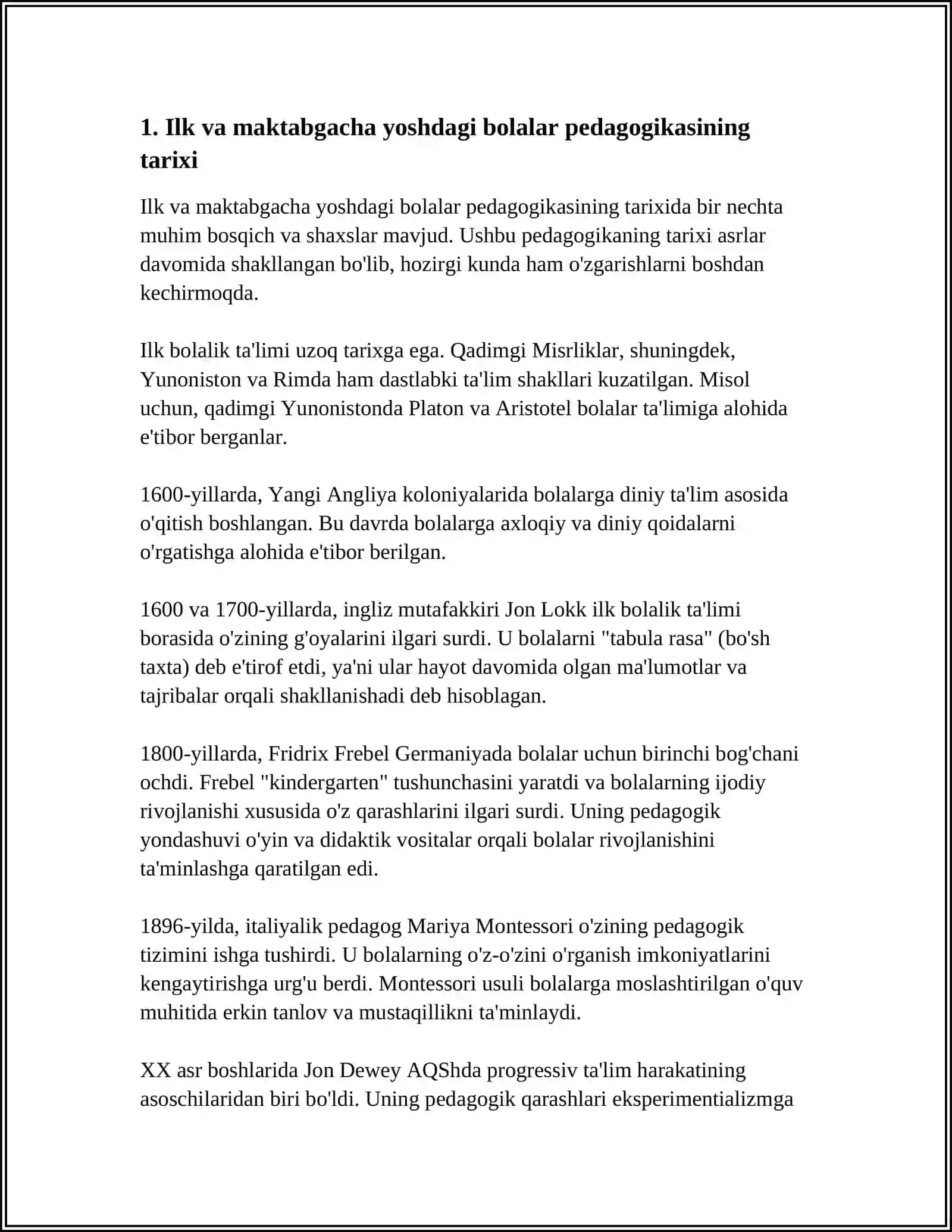 ILK VA MAKTABGACHA YOSHDAGI BOLALAR PEDOGOGIKASINING FAN SIFATIDA RIVOJLANISH BOSQICHLARI, MAKTABGACHA TALIMNING TASHKIL TOPISHI REFERAT 4