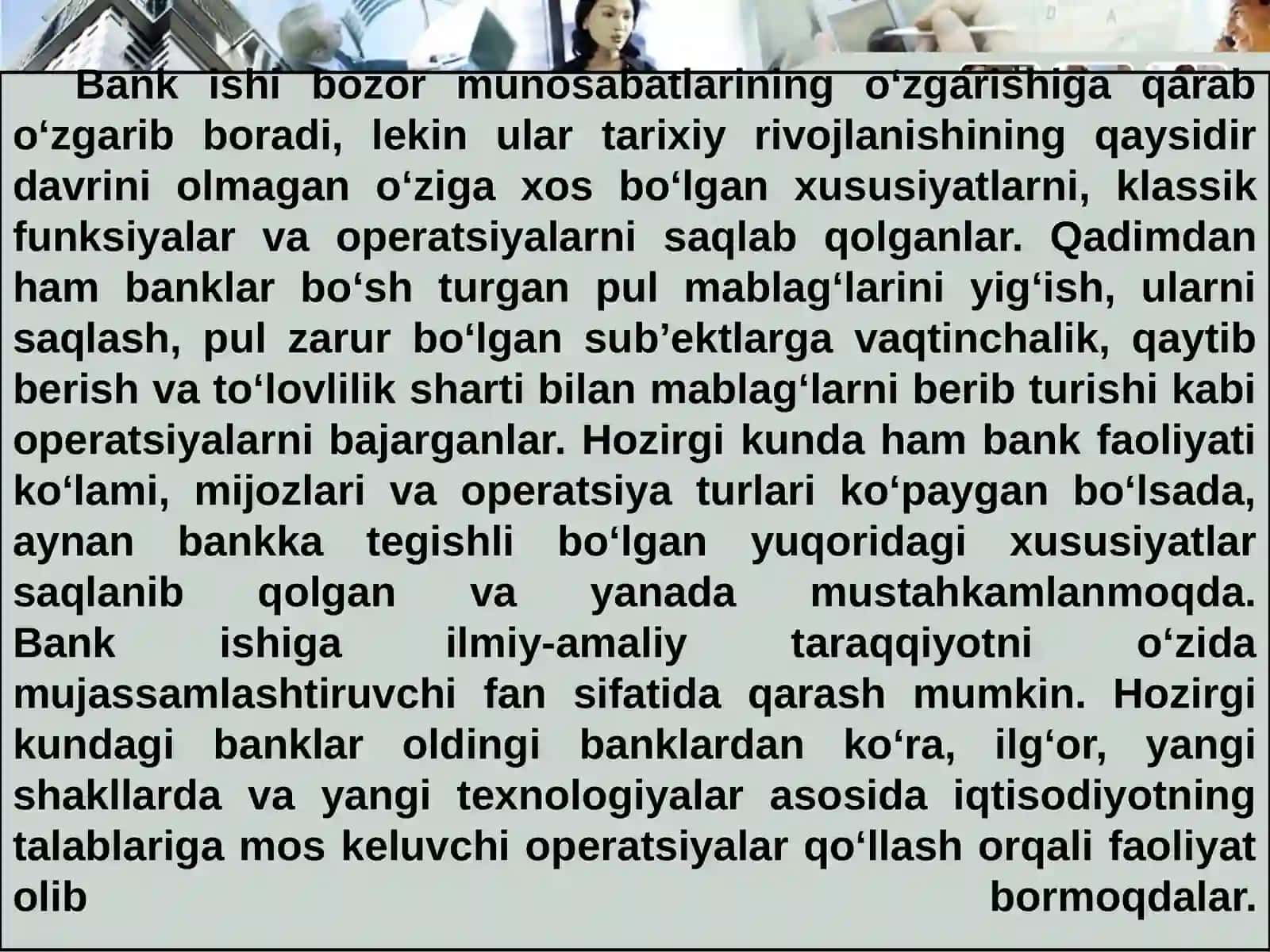 BANK ISHI VA MOLIYA ASOSLARI FANIGA KIRISH 4