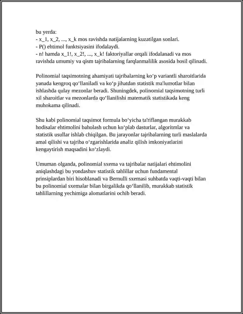 POLINOMIAL SXEMA. TAJRIBALARNING OʻZGARUVCHAN SHARTLARIDA BERNULLI SXEMASI 4