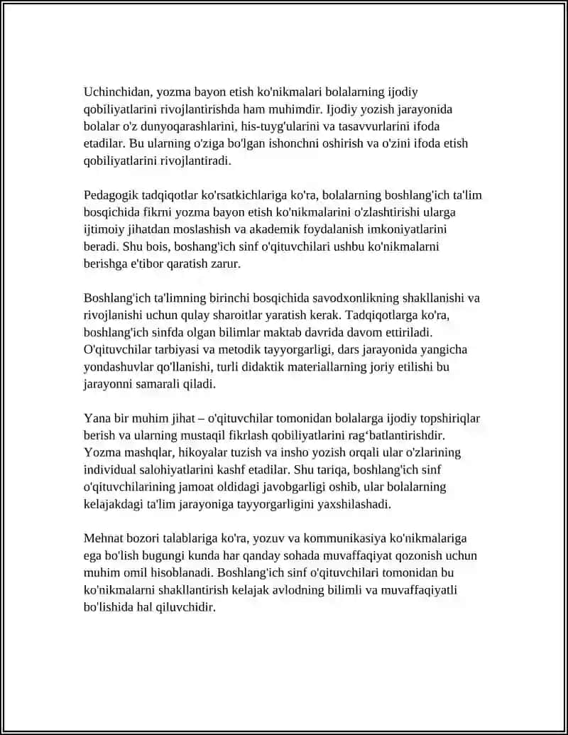 BOSHLANG'ICH SINF O'QITUVCHISIDA FIKRNI YOZMA BAYON ETISH YO'LLARINI BILISHNING AHAMIYATI 4