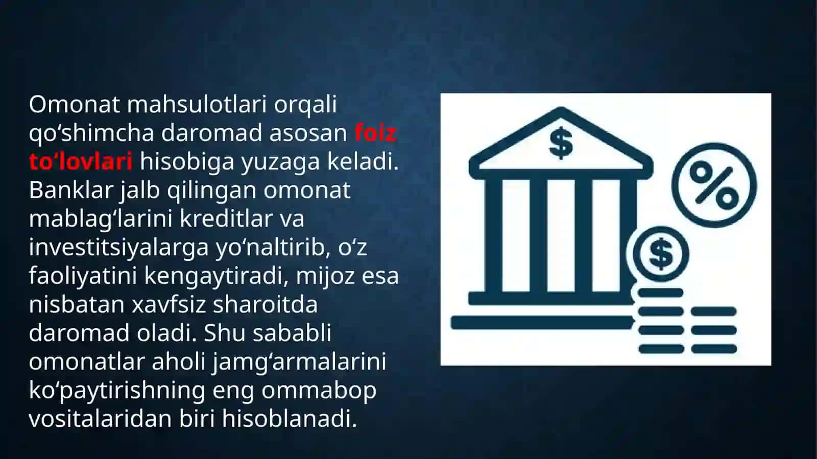 Omonat mahsulotlarining qo‘shimcha daromad modeli. (3 ta bankning omonatlari turlari bo‘yicha real daromadni Excel hisob-kitobi bilan taqdimotda aks ettiring) 4