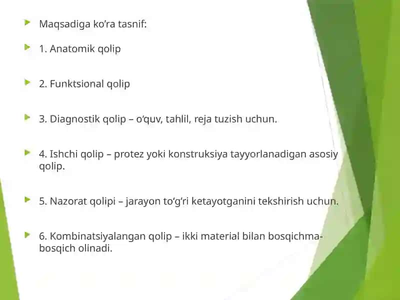 Qoliplar va ularning tasnifi. Anatomik va funksional qoliplar. 4