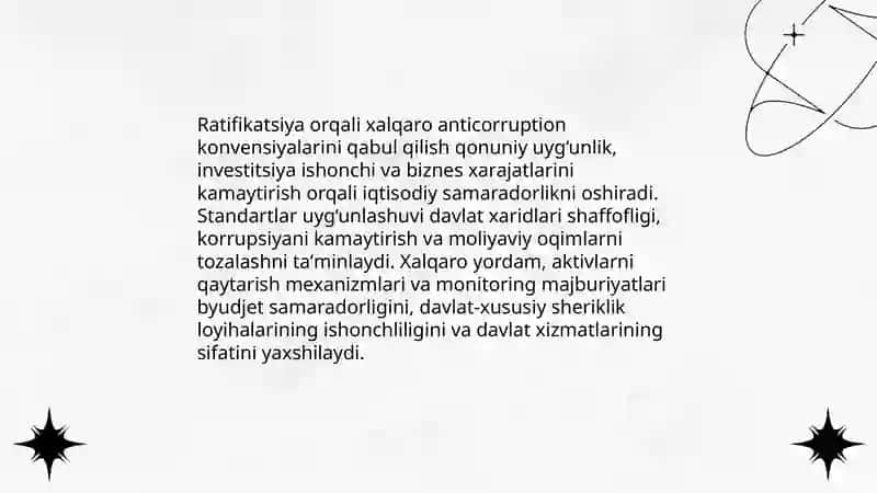 Korrupsiyaga qarshi kurash bo'yicha xalqaro qonunlar va qarorlarning O'zbekistonda ratifikatsiya qilishning ahamyati iqtisodiy-siyosiy va ijtimoiy huquqiy mexanizmlari 4