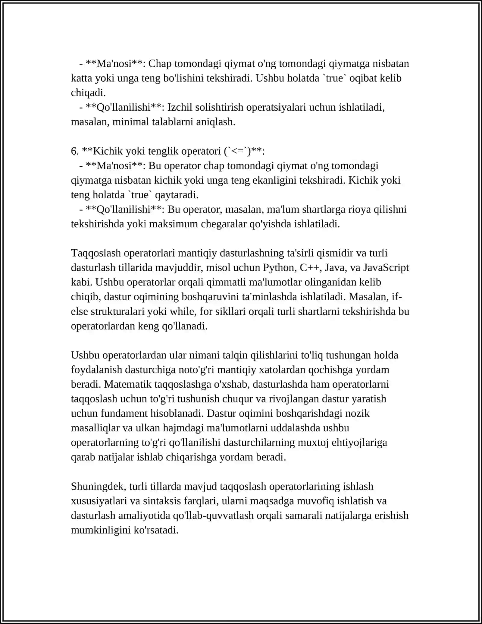 DASTURLASHDA TAQQOSLASH BUYRUQLARI (COMPARATOR)NI QOʻLLASH.DASTURLASHDA ARIFMETIK BUYRUQLARI (MATH FUNCTION) QOʻLLASH 4