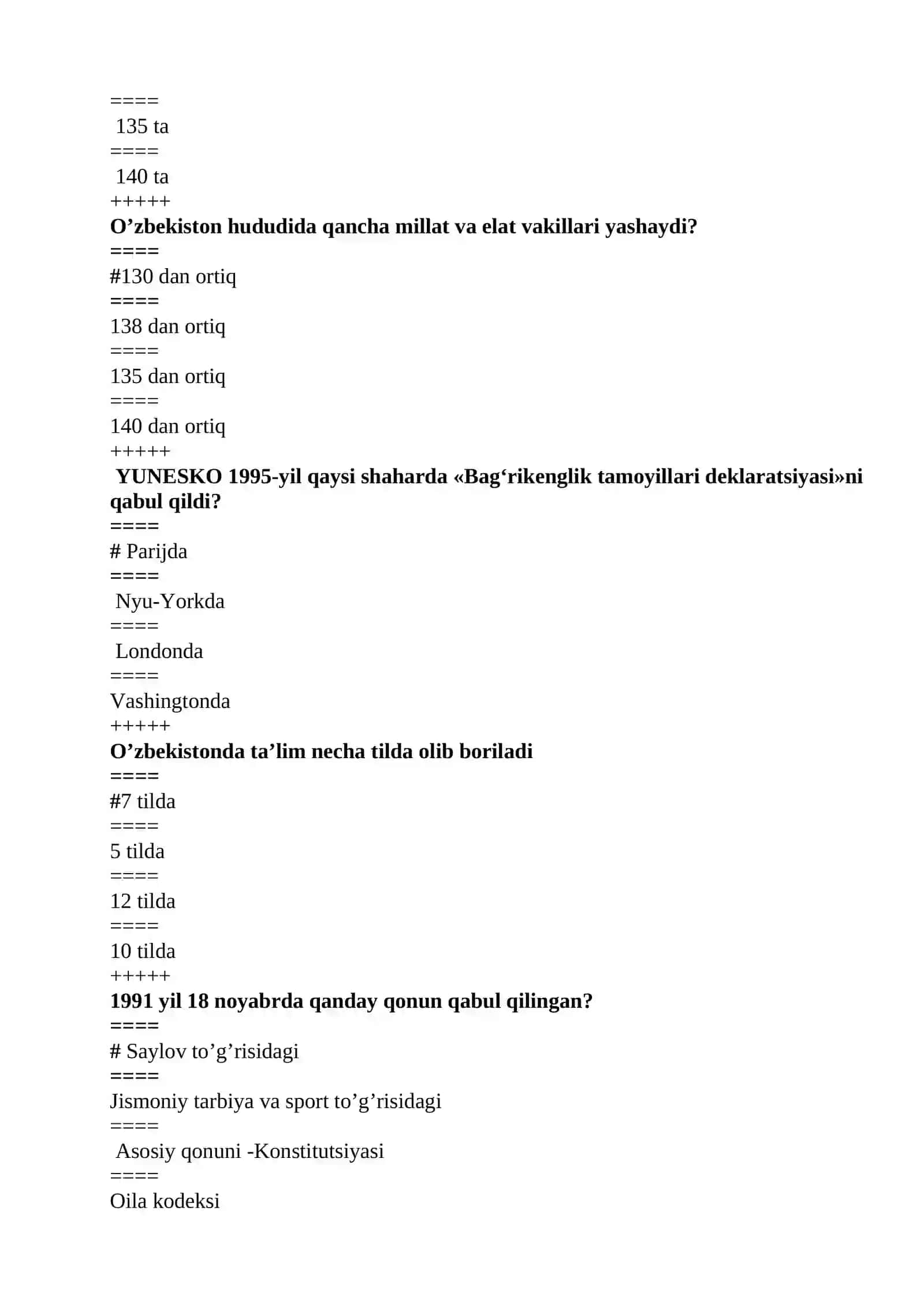 O‘zbekistonning еng yangi tarixi fanidan Yakuniy nazorat test savollari 4