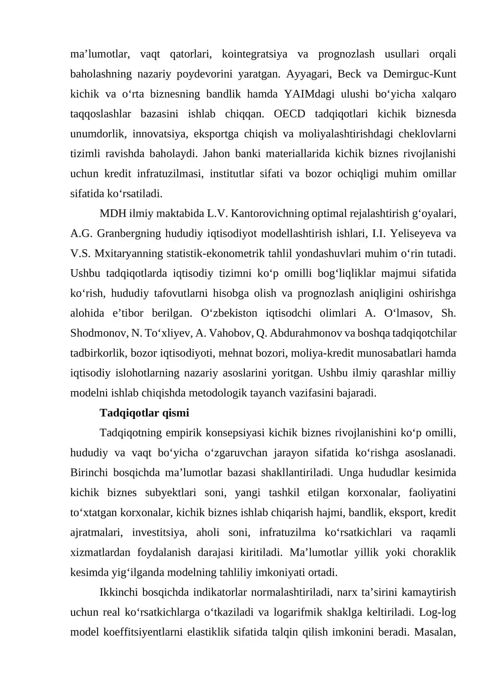 KICHIK BIZNES VA XUSUSIY TADBIRKORLIK KORXONALARI RIVOJLANISHINI EKONOMETRIK MODELLASHTIRISH 4