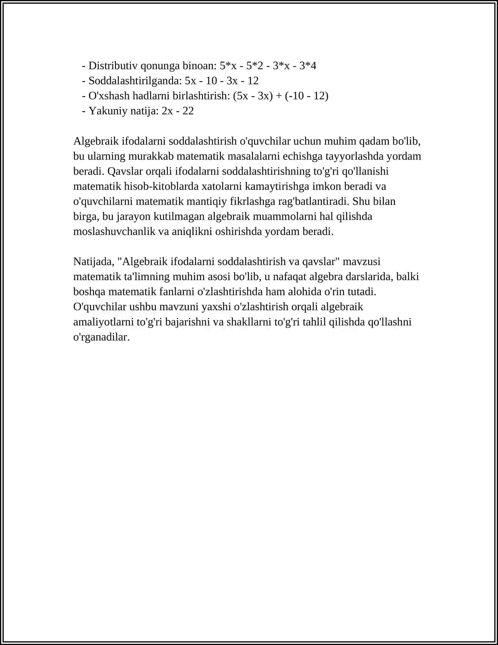 9-SINF ALGEBRA 1-CHORAK VA 2-CHORAK MAVZULARIDAN 30 TA TEST 4