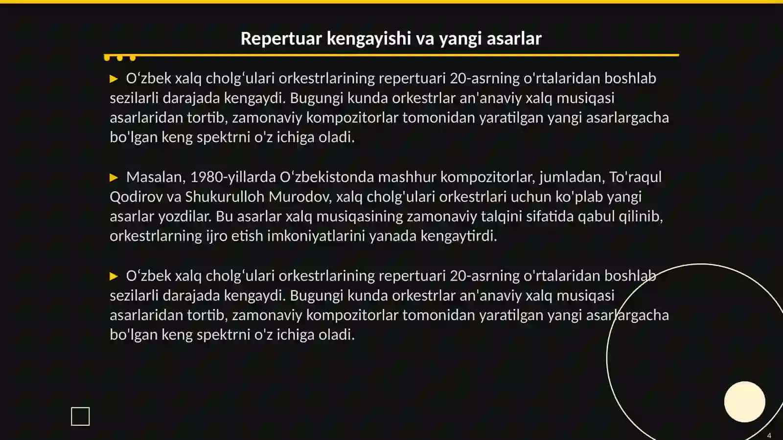 Oʻzbek xalq cholgʻulari orkestrlarining rivojlanishi va repertuar kengayishi 4