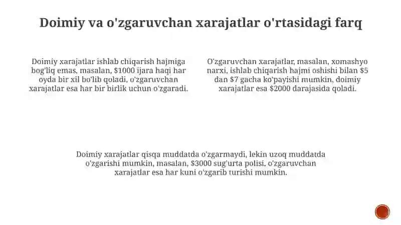 Xarajatlarni doimiy va o'zgaruvchan xarajatlar bo'yicha turkimlash 4