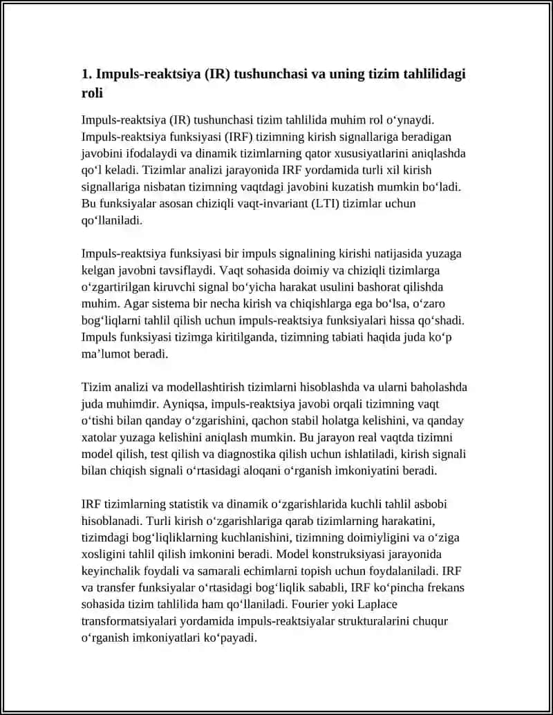 TIZIMLAR IMPULS-REAKSIYASI ASOSIDA TAHLIL QILISH VA REAL VAQTLI JAVOBLARNI MODELLASH 4