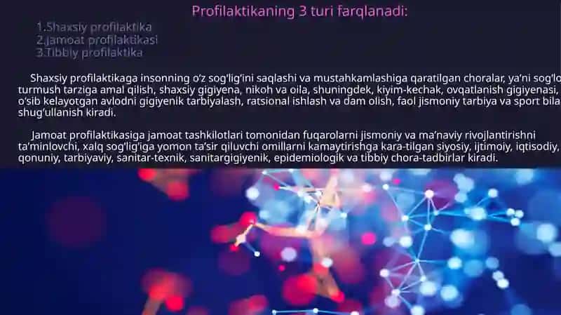 Profilaktika va uning turlari. Profilaktik tadbirlarni tashkil etishda tibbiyot xodimlarining o'rni va ro'li 4