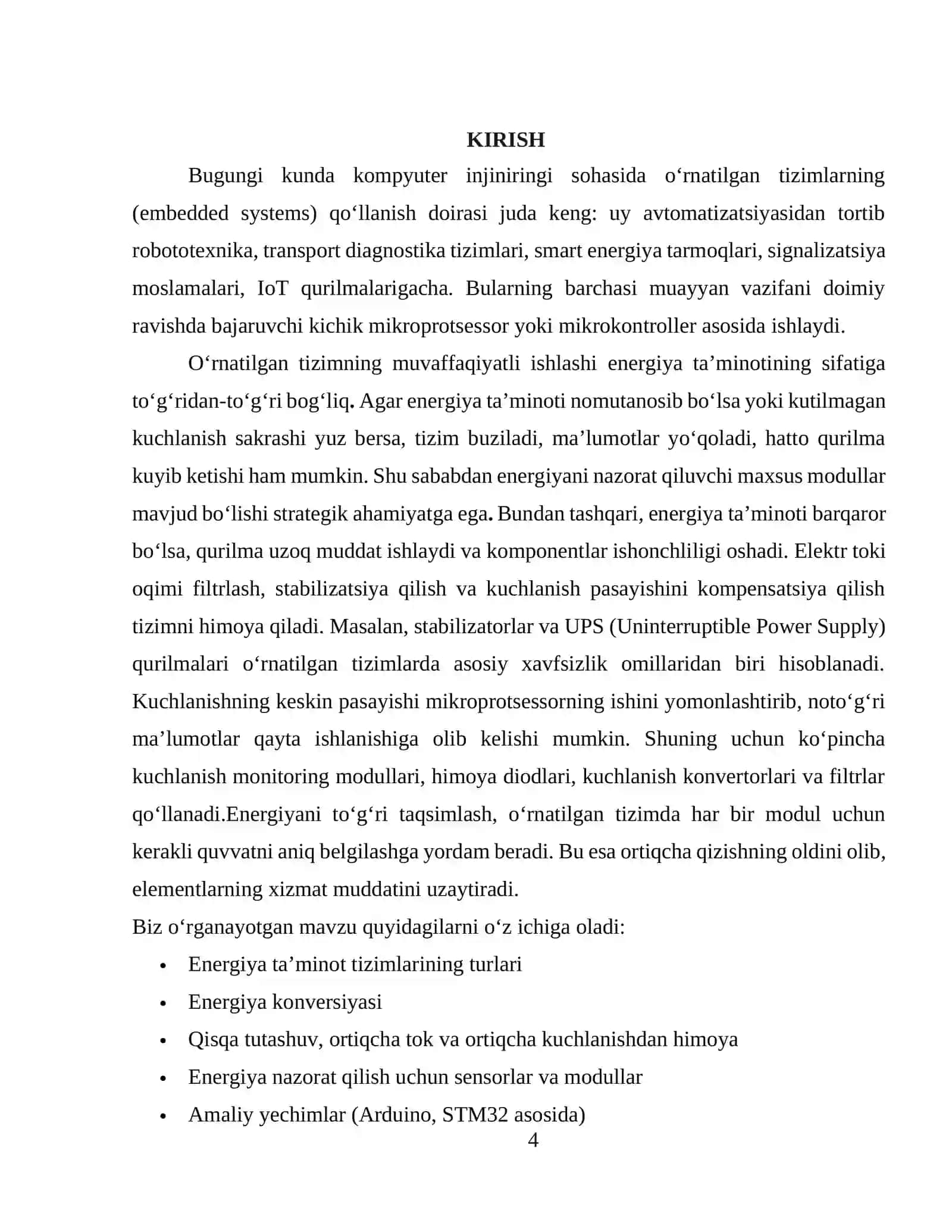 Energiya ta’minot tizimlari va o‘rnatilgan nazorat modullari 4