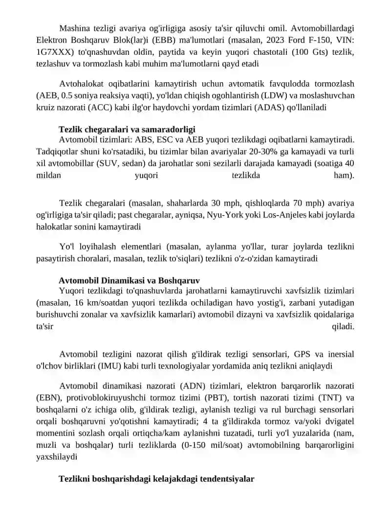 Avtomobil tezligi va uning oqibatlarini kamaytirishdagi tizimlar 4