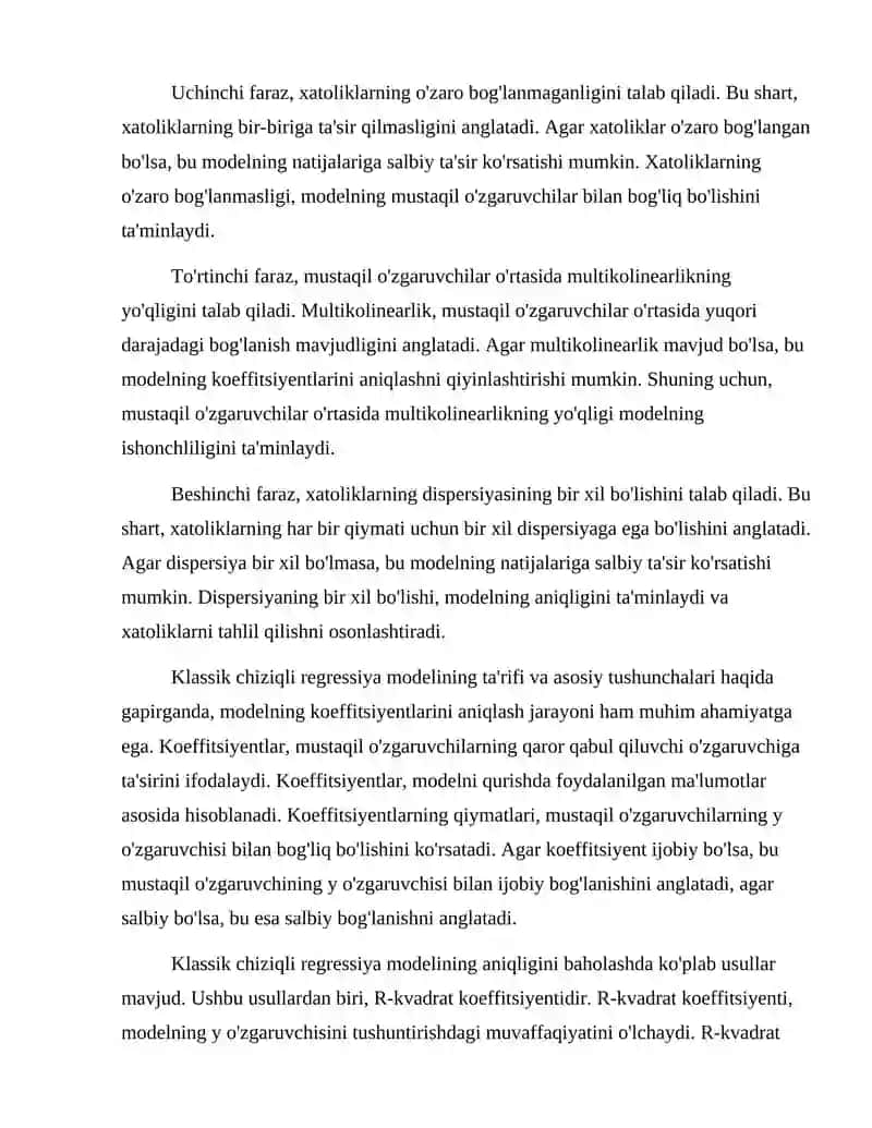 Klassik chiziqli regressiya modelining asosiy farazlari 4