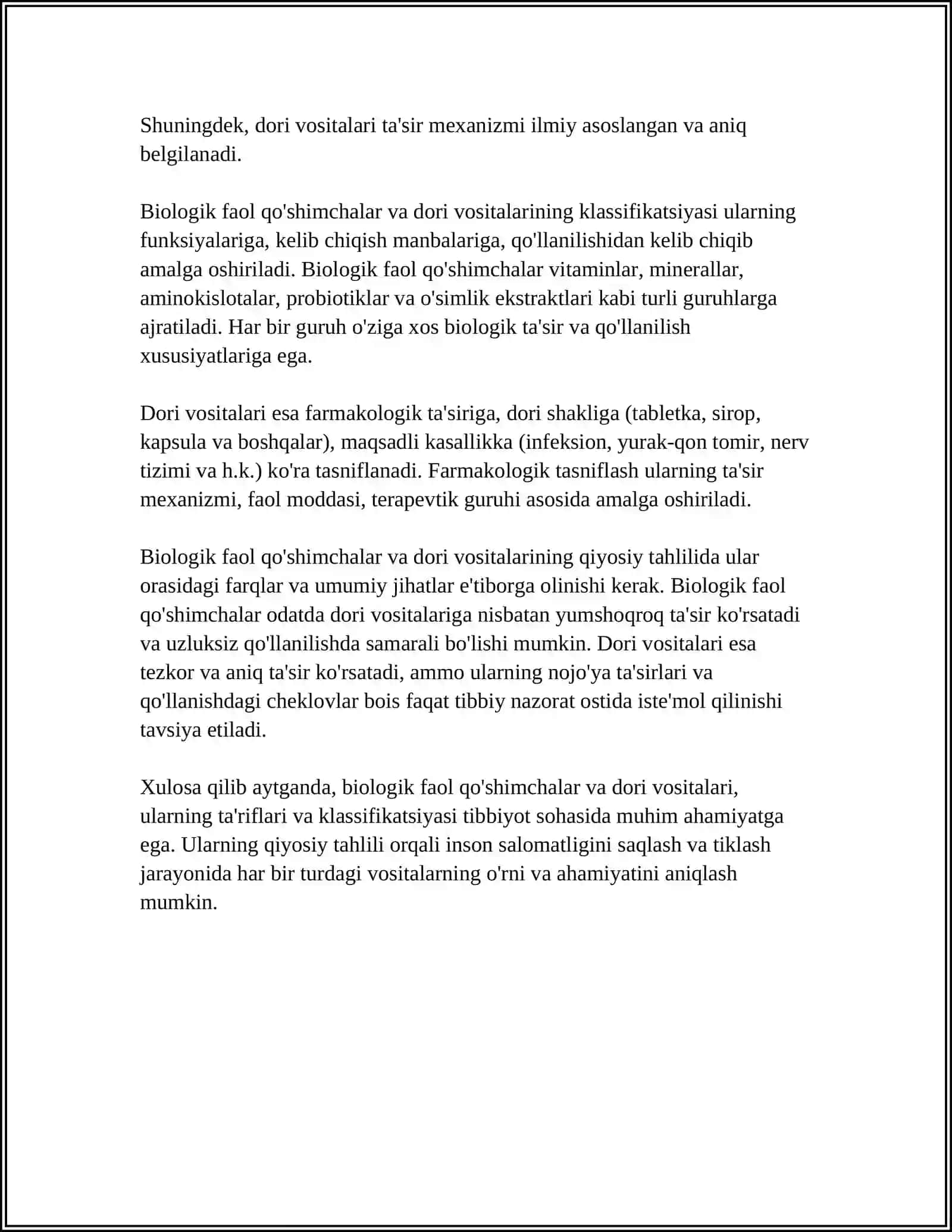 BIOLOGIK FAOL QO‘SHIMCHLAR VA DORI VOSITALARINING QIYOSIY TAHLILI 4