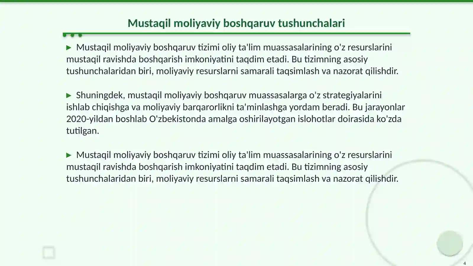 Oliy ta'lim tizimida mustaqil moliyaviy boshqaruv tizimiga o'tishning ahamiyati 4
