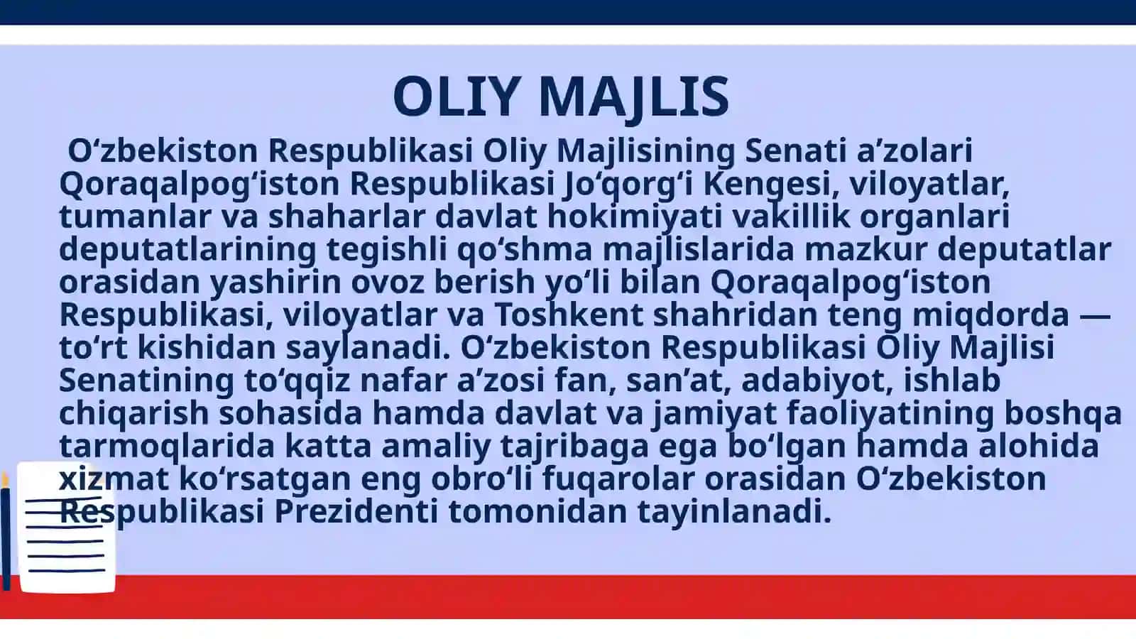 OLIY MAJLISNI SHAKLLANTIRISH,SAYLOV O’TKAZISH,DEPUTATLAR VA SENATORLARNING VAZIFALARI 4