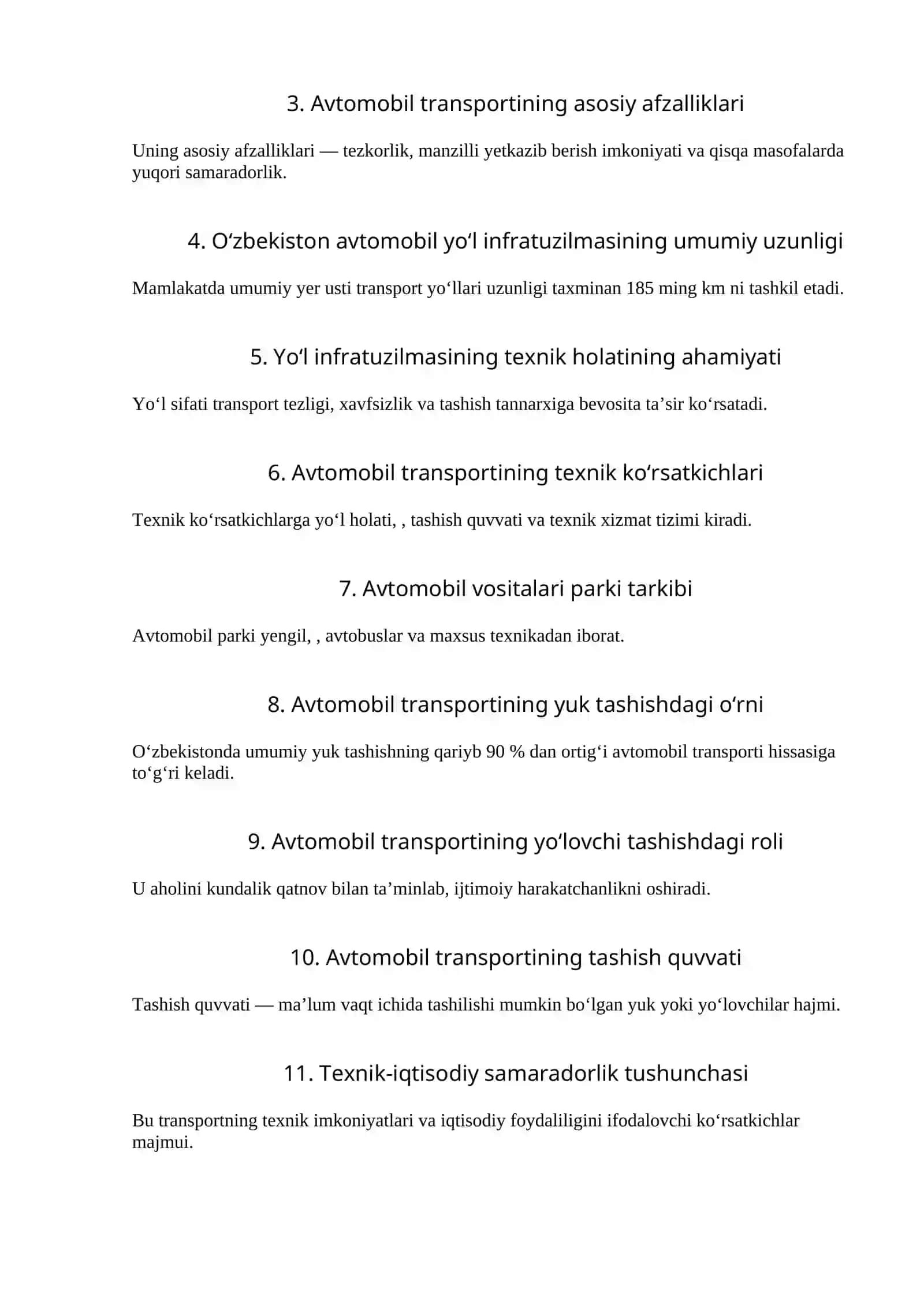 Avtomobil transportining asosiy texnik-iqtisodiy xususiyatlari 4