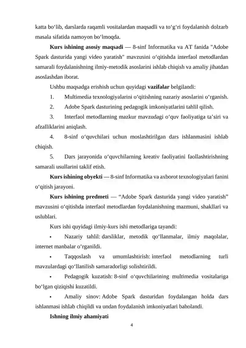 Umumiy orta talim maktablarining 8-sinfida Informatika va AT fanidan “Adobe Spark dasturida yangi video yaratish” mavzusini o‘qitishda interfaol metodlardan foydalanish 4