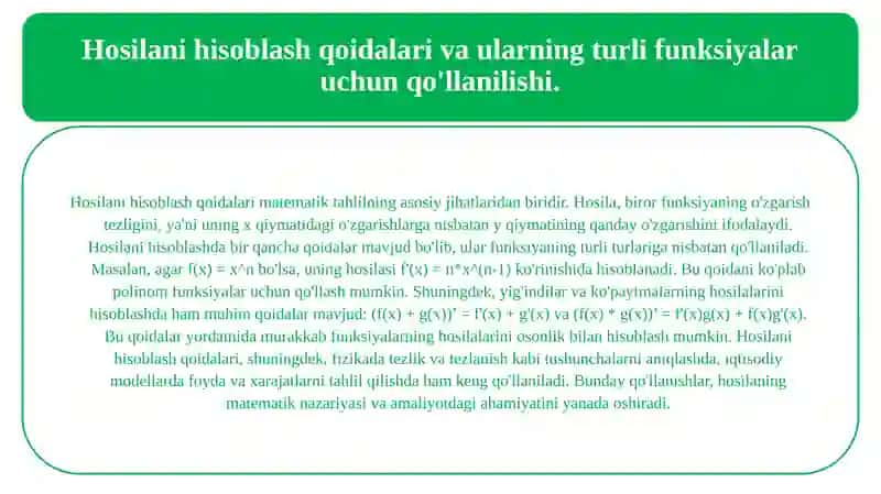 Hosila tushunchasi. Hosilani hisoblash qoidalari. Uning geometrik va mexanik maʼnolari 4