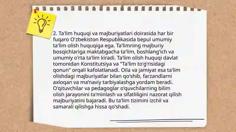 Oʻzbekiston Respulikasi ta’lim toʻgrisidagi qonun mazmun mohiyati. Kasb ta’lim fanini predmeti maqsadi va vazifalari 4