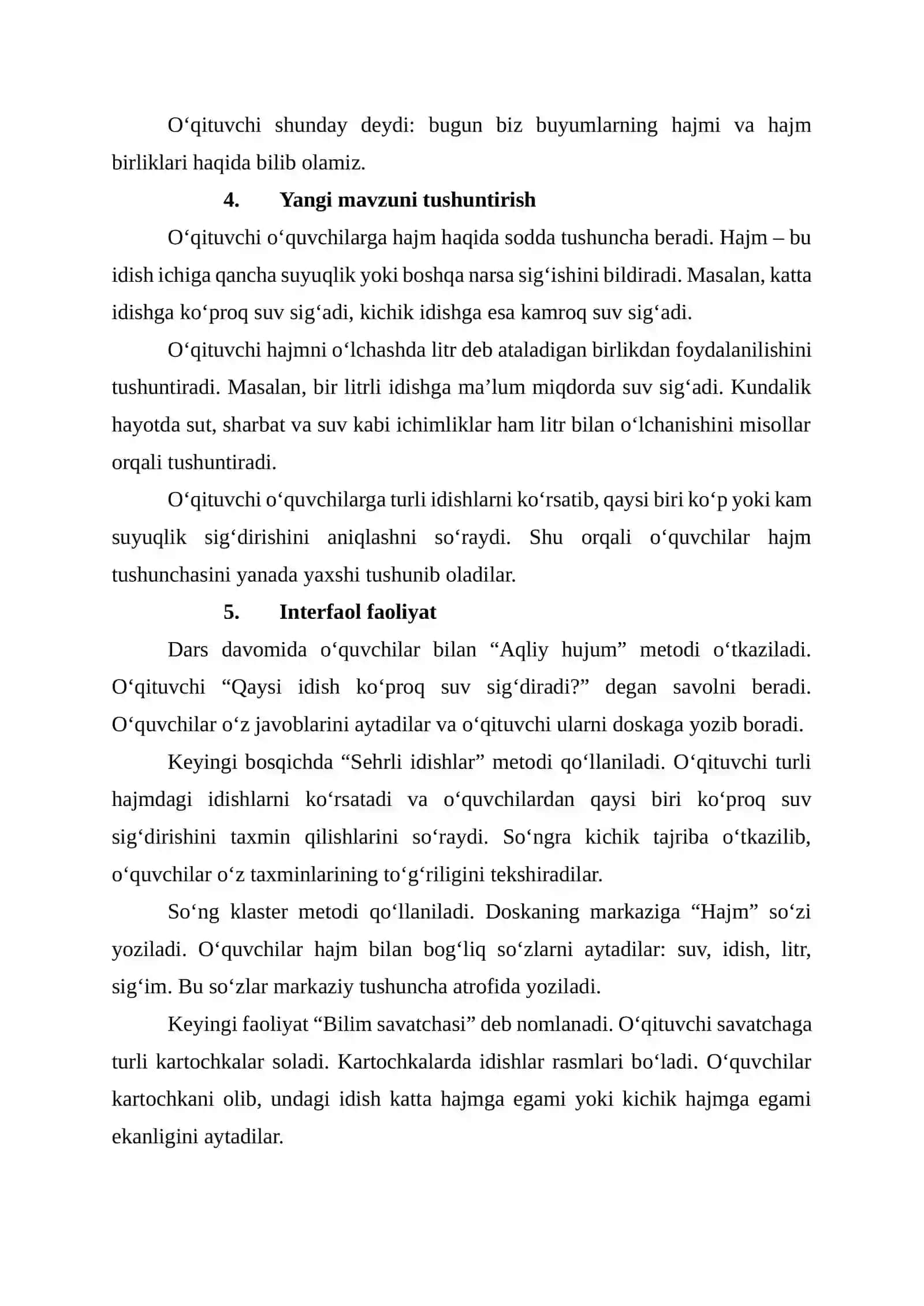 Hajm va hajm birliklari (1-sinf matematika) dars ishlanma 4