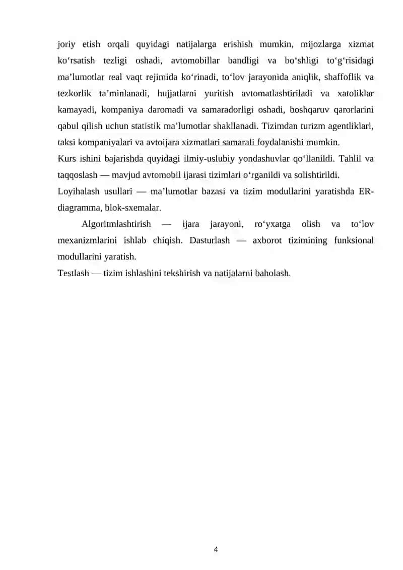 Kurs ishi: Avtomobil ijarasi boshqarish axborot tizimi mavzusida 4