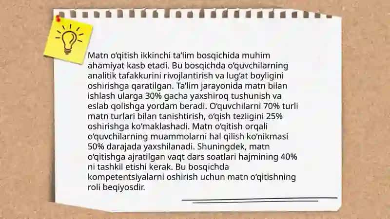 Ta'lim bosqichlarida matn va uning turlarini o‘rgatish. Matn tuzish talablari va o‘ziga xos uslublari 4