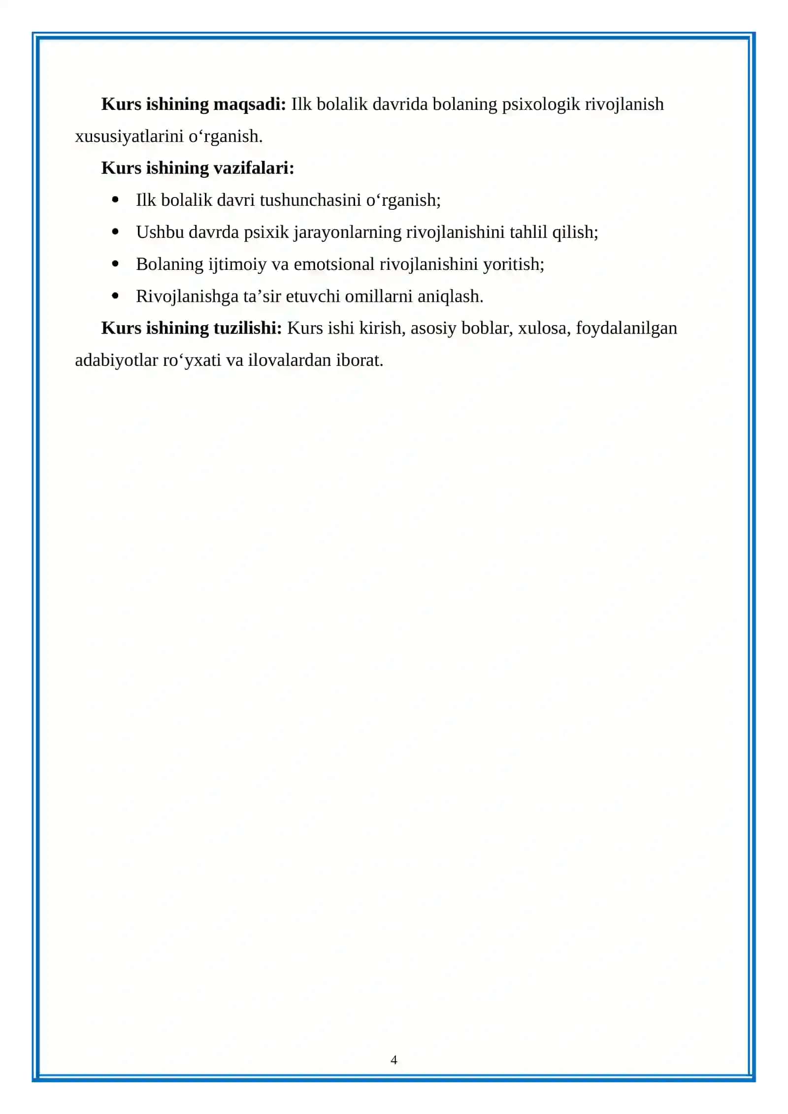 Pedagogika va aniq fanlar kafedrasi Maktabgacha taʼlim psixologiyasi va pedagogikasi – yo‘nalishi 23-07 guruh talabasi Egamberganova Raxatoyning psixologiyasi va psixodiagnostikasi fanidan tayyorlagan KURS ISHI 4