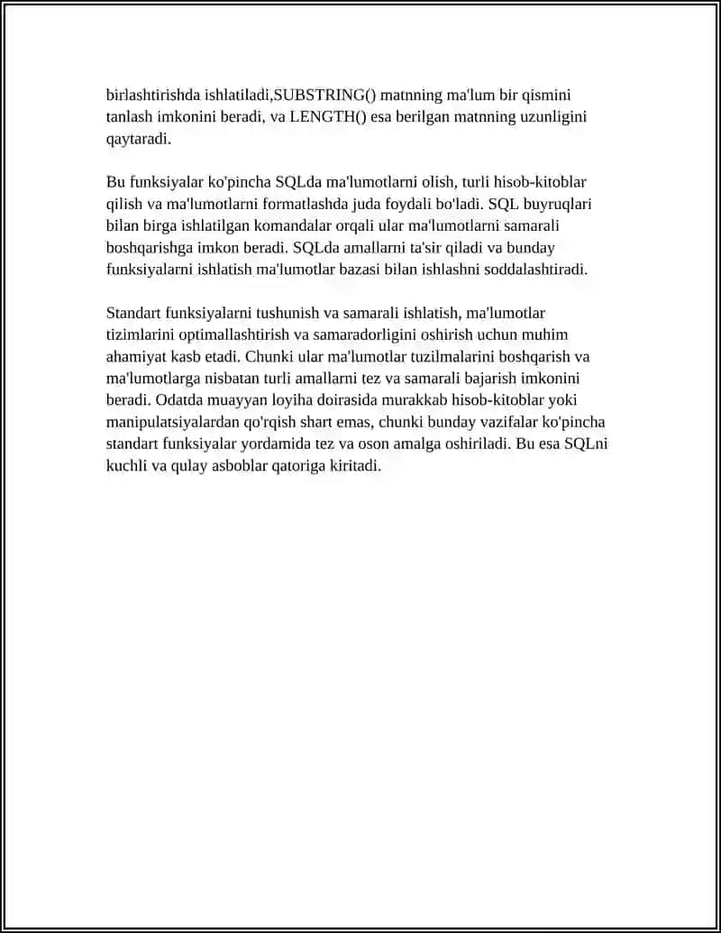 SQL DA STANDART FUNKSIYALAR. FOYDALANUVCHI FUNKSIYALARI VA PROTSEDURALARNI YARATISH 4