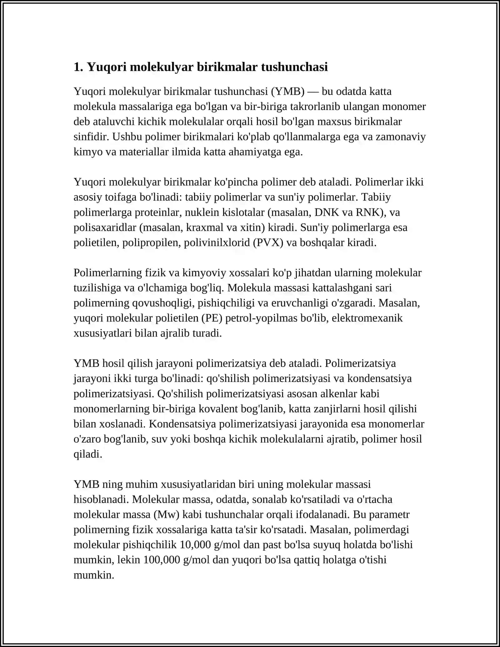 Yuqori molekulyar birikmalar tushunchasi 4