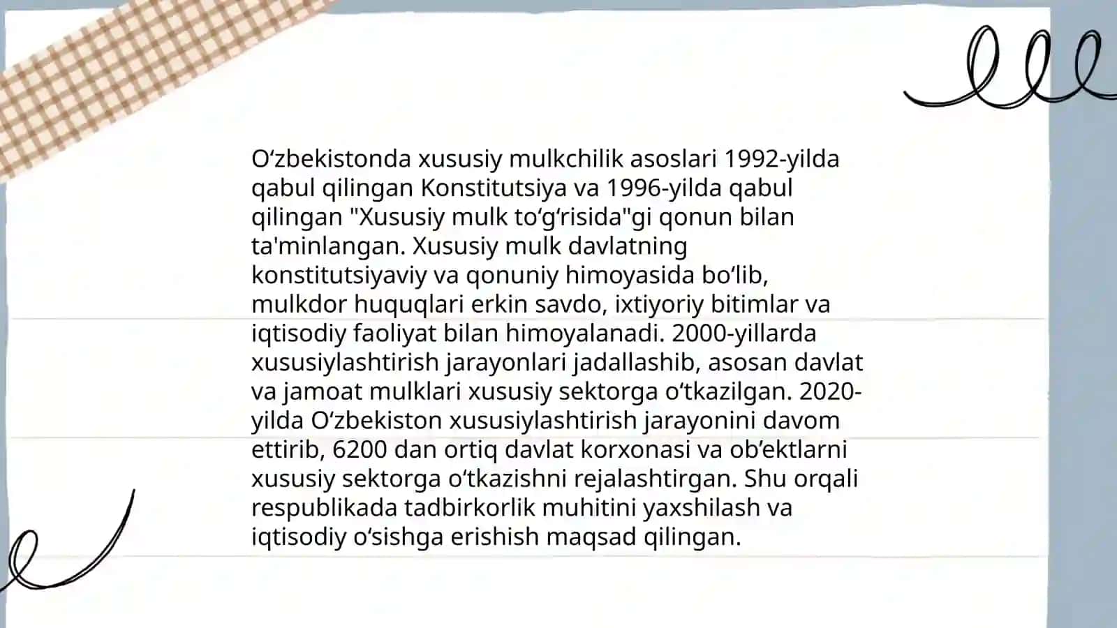 Iqtisodiy islohotlar,xususiy mulkchilikning shakllanishi.Oʻzbekistonda bozor munosabatlarining shakillanishi Xudoyberdiyev.B 4