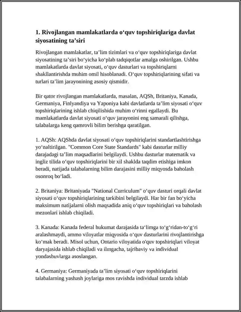 RIVOJLANGAN MAMLAKATLARDA OʻQUV TOPSHIRIQLARIGA BERILADIGAN EʼTIBOR VA ULARNING TURLARI 4
