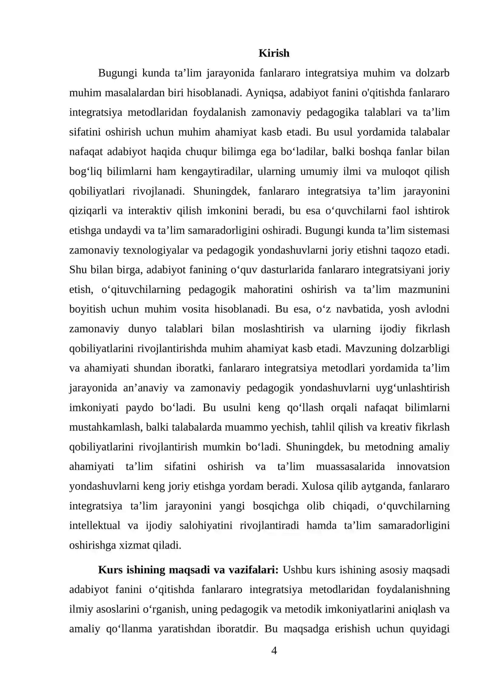 ADABIYOT FANINI O'QITISHDA FANLAR ARO INTEGRATSIYADAN FOYDALANISH - KURS ISHI 4