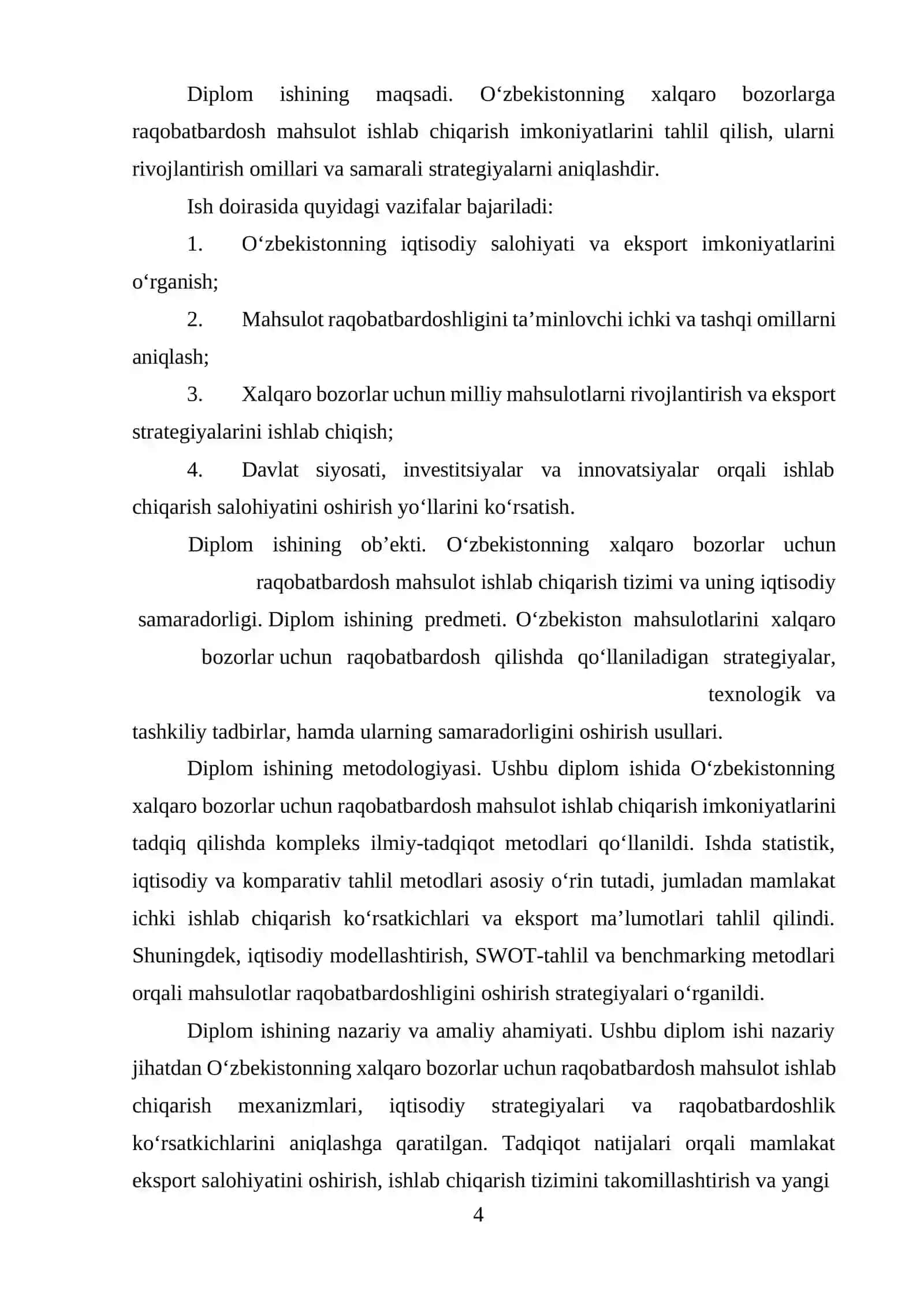 O‘zbekistonning xalqaro bozorlar uchun raqobatbardosh mahsulot ishlab chiqarish imkoniyatlari 4