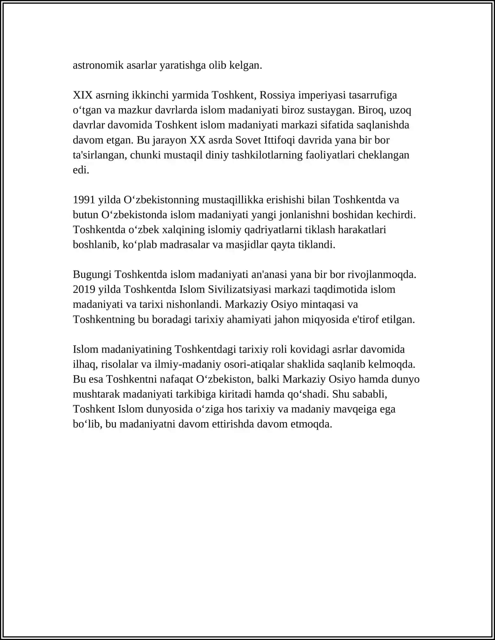 2007-YIL TOSHKENT -ISLOM MADANIYATI POYTAXTI DEB EʼLON QILINISHINING MAZMUNINI VA MOHIYATI 4
