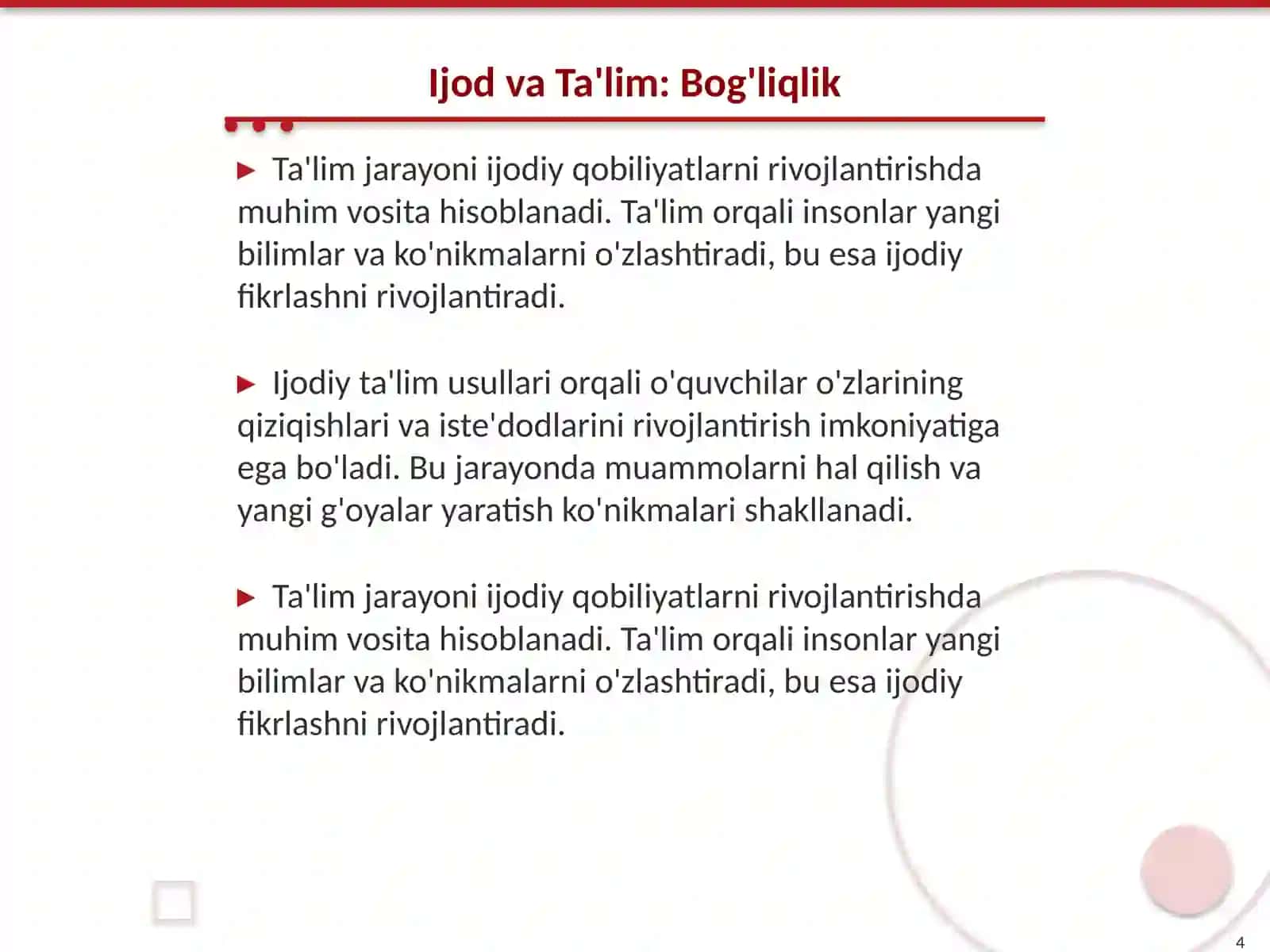 Ijodiy qobiliyatlarni rivojlantirishda talimni ahamiyati 4