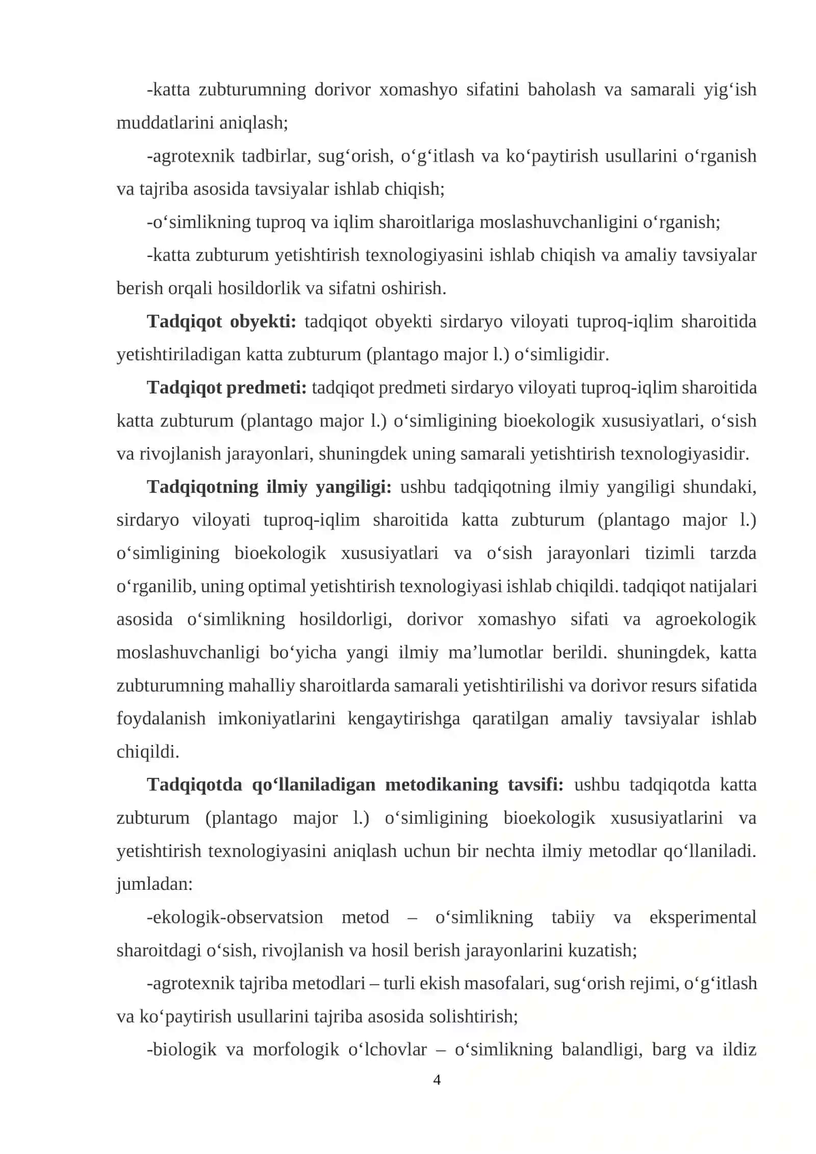 KATTA ZUBTURUM (PLANTAGO MAJOR L.) O‘SIMLIGINING BIOEKOLOGIK XUSUSIYATLARI VA YETISHTIRISH TEXNOLOGIYASI 4