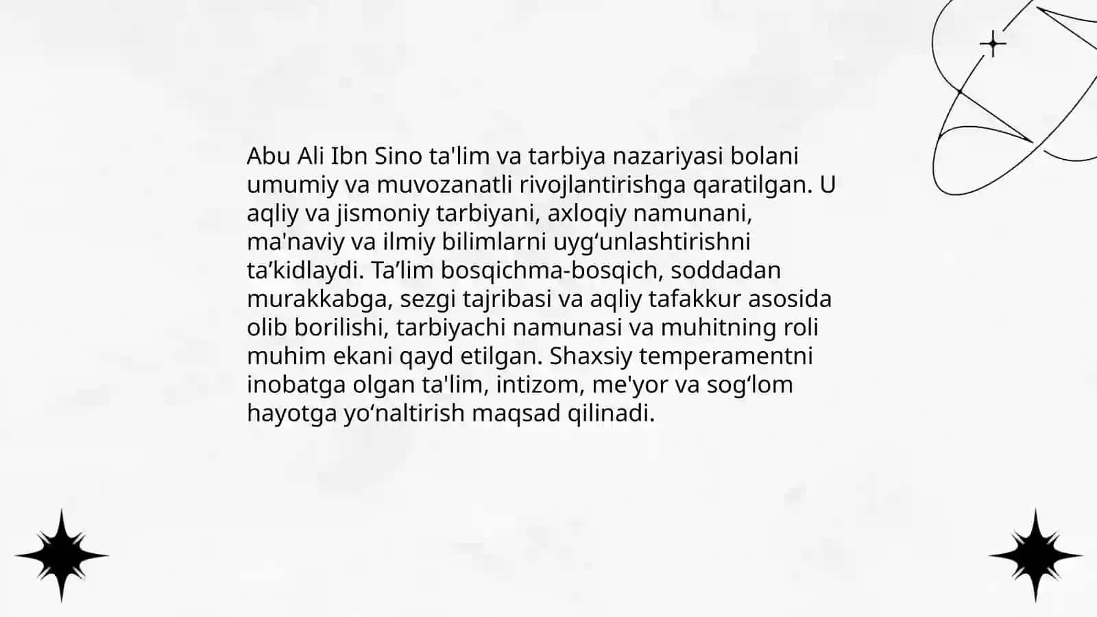 Abu Nasr Farobiyning gʻoyalar.Abu Ali Ibn Sino talim tarbiya haqida 4