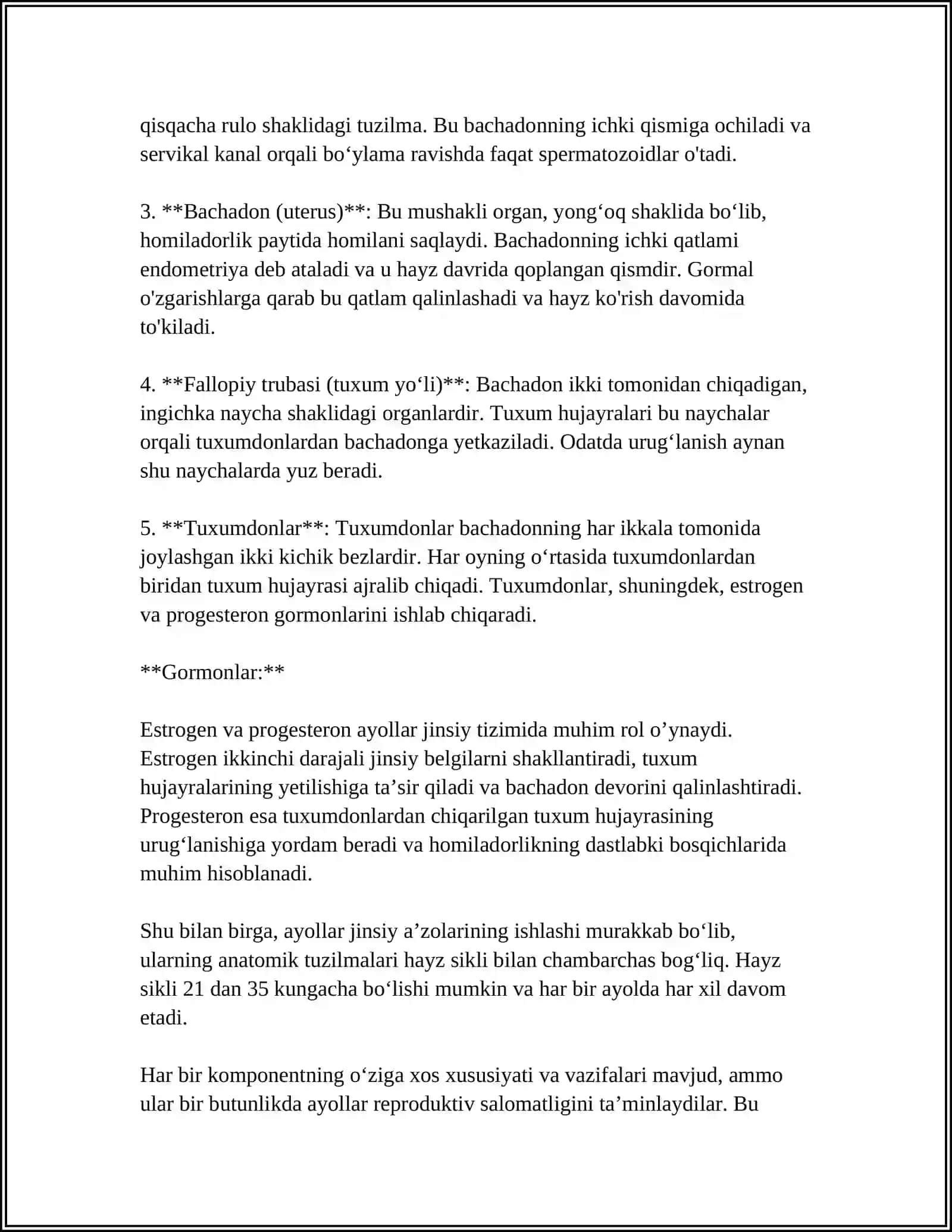 AYOLLAR JINSIY A’ZOLARI KLINIK ANATOMIYASI. TUG‘RUQ YO‘LLARI. HOMILANI TUG‘RUQ OB’EKTI SIFATIDA O‘RGANISH 4