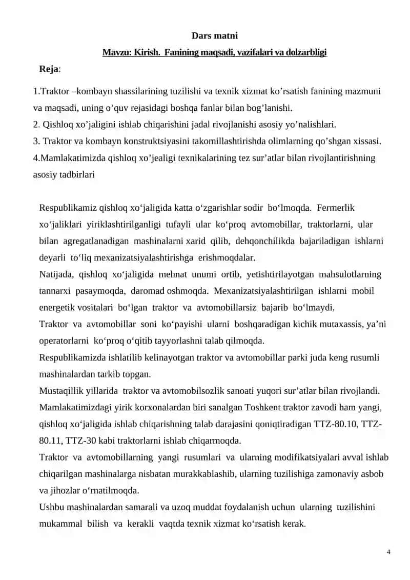 Traktor-kombayn shassilari tuzilishi va texnik xizmat ko’rsatish fаnidan o'quv mashg'uloti 4