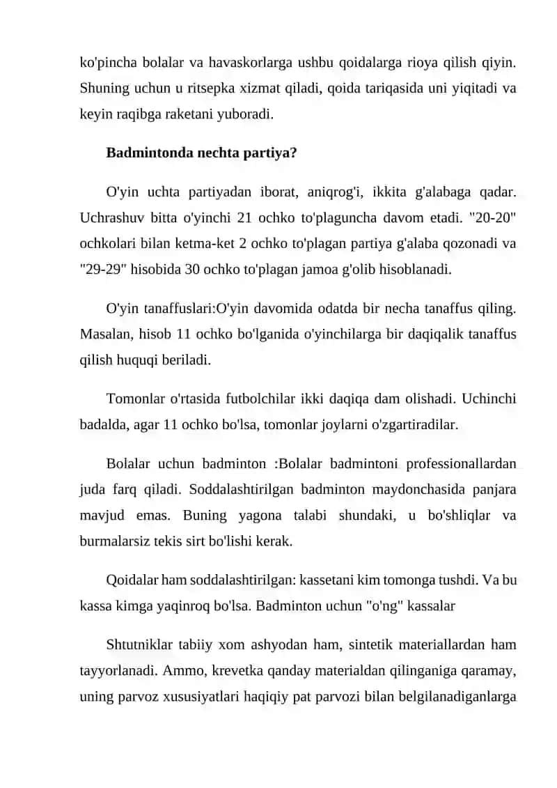 Badminton o'yin texnikasi va taktikasi. To'rlar bilan maxsus mashqlar. Musobaqa qoida 4