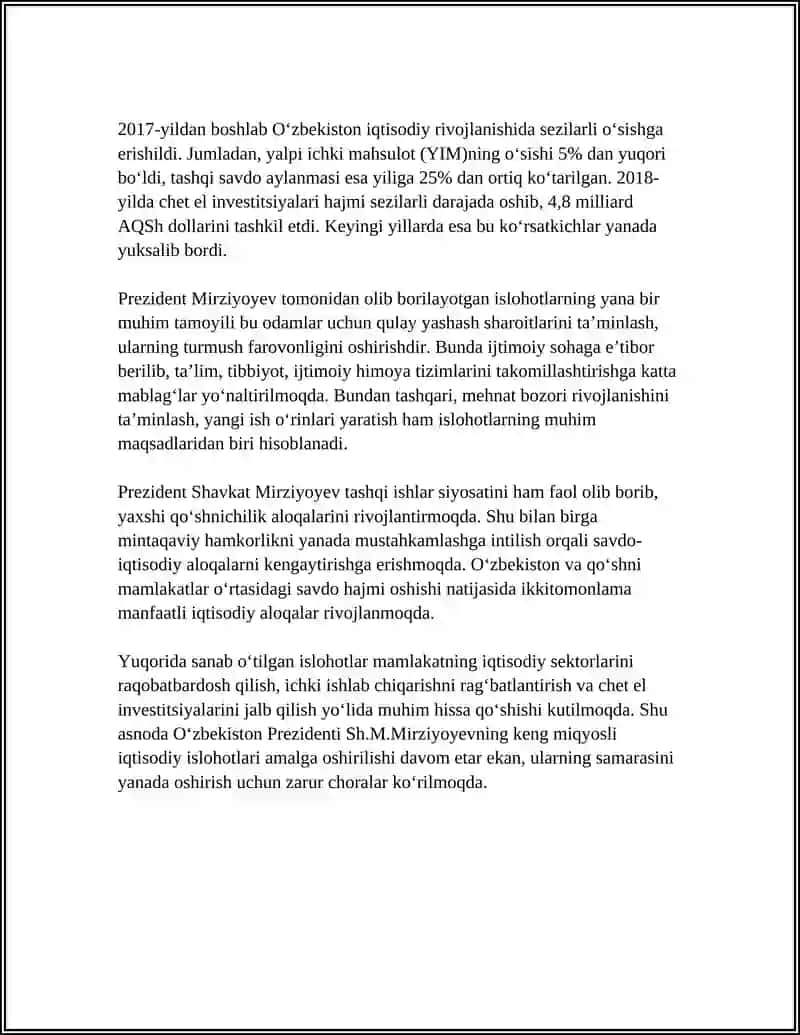 O'ZBEKISTON RESPUBLIKASI PREZIDENTI SH.M.MIRZIYOYEVNING KENG MIQYOSLI IGTISODIY ISLOHOTLARI VA UNING MAZMUNI 4